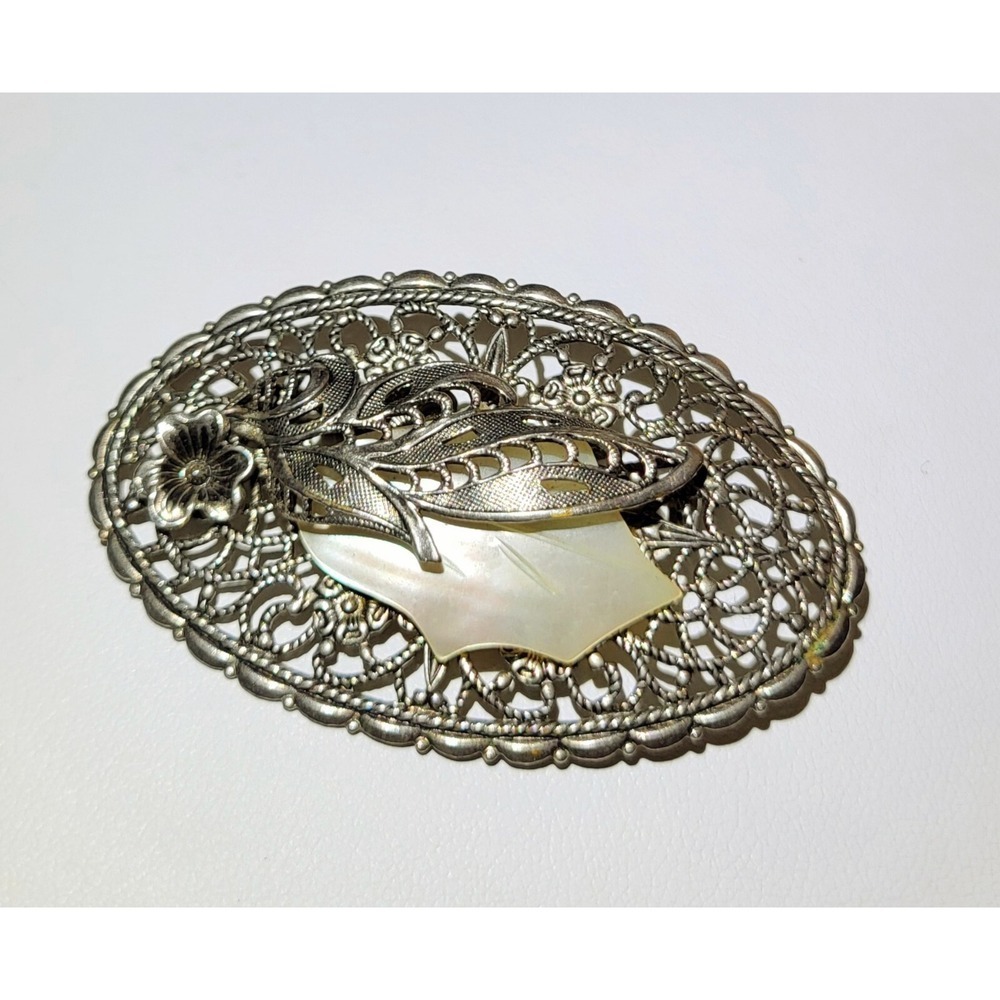 Vintage West Germany Silver Tone Pewter Filigree Brooch w/ Mother of Pearl MOP